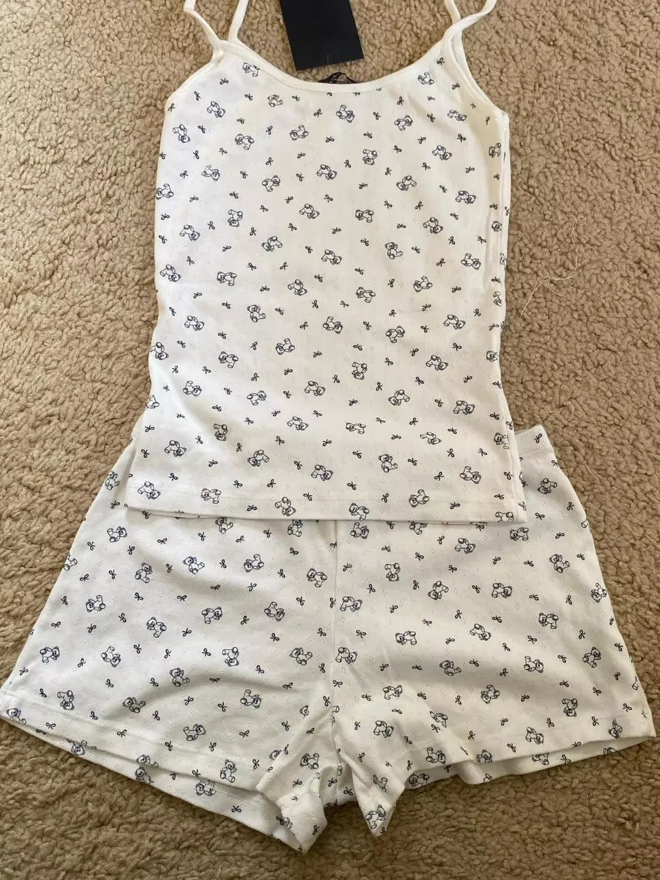 Strawberry Vest Shorts 2 Pieces Set Woman Eyelet Bow Slim Tank Top with Elastic Waist Patchwork Straight Short Pant Sweet Sets Quick Pick Grocers