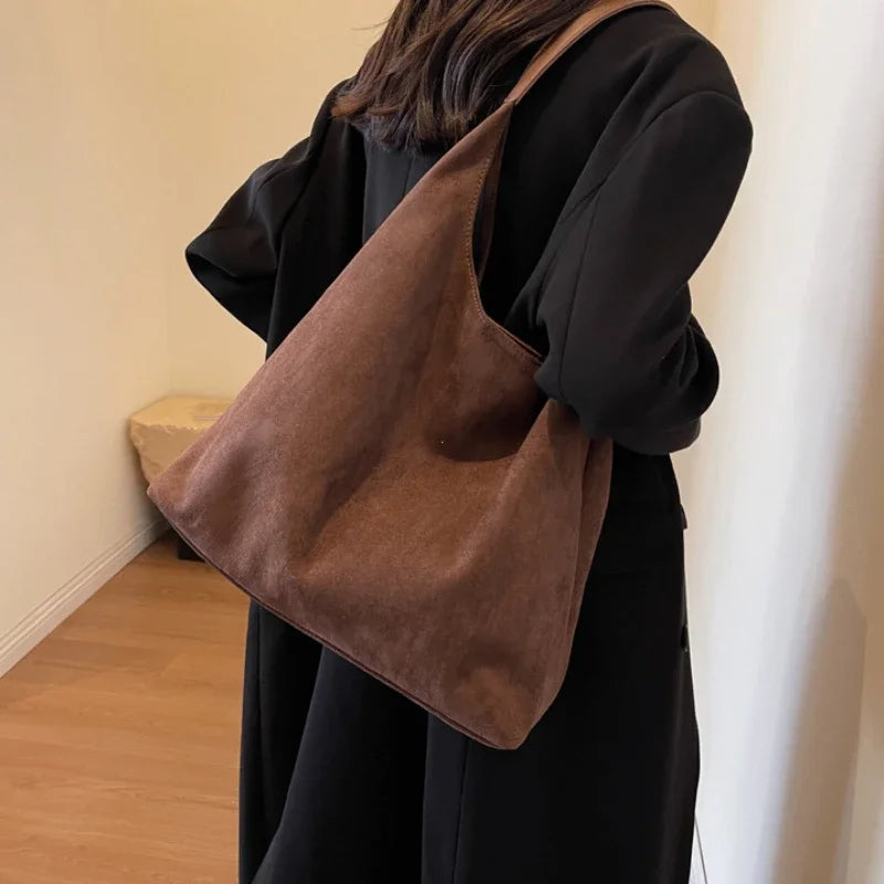 Autumn and Winter Vintage Women's Bag Large Capacity Suede Shoulder Bag Solid Color Simple Casual Commuter Bag Retro Handbags Quick Pick Grocers