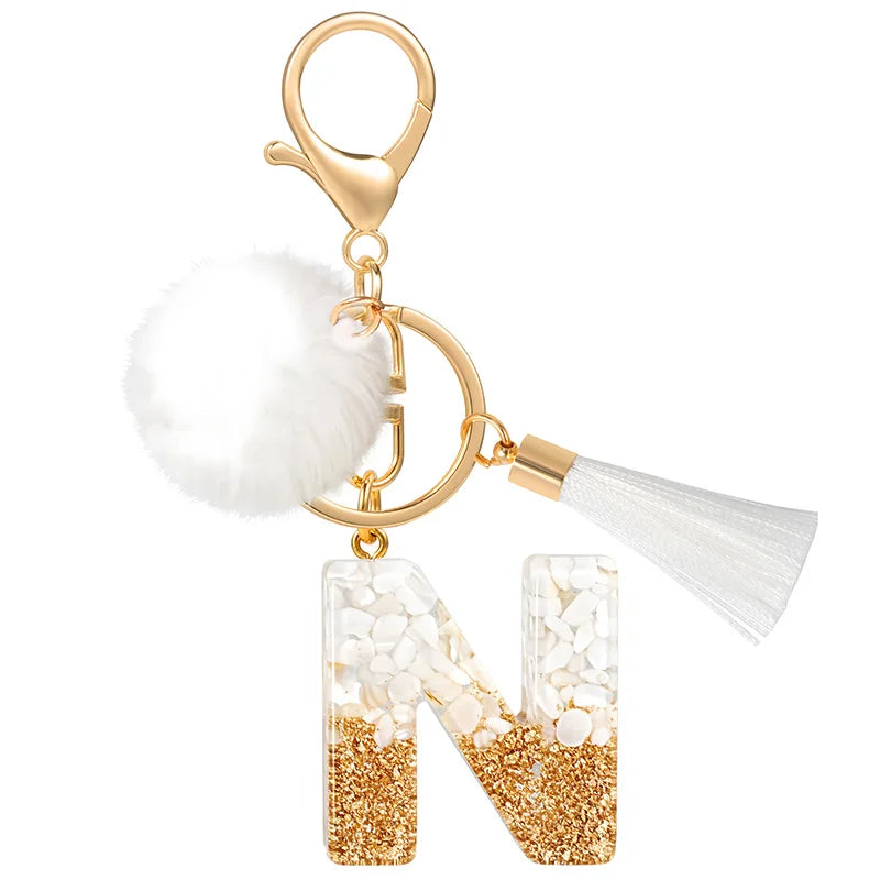 Creative Resin Initials White Fringe Fur Ball Women Keychain A-Z Letter Pendant Handbag Decor Car Key Ring Jewelry Gift Quick Pick Grocers