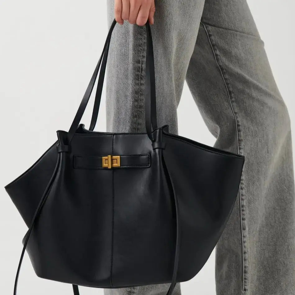 Fashion Large Capacity Trapeze Women Shoulder Bags Designer Metal Lock Handbags High-Quality Pu Leather Big Tote Commute Bag Quick Pick Grocers