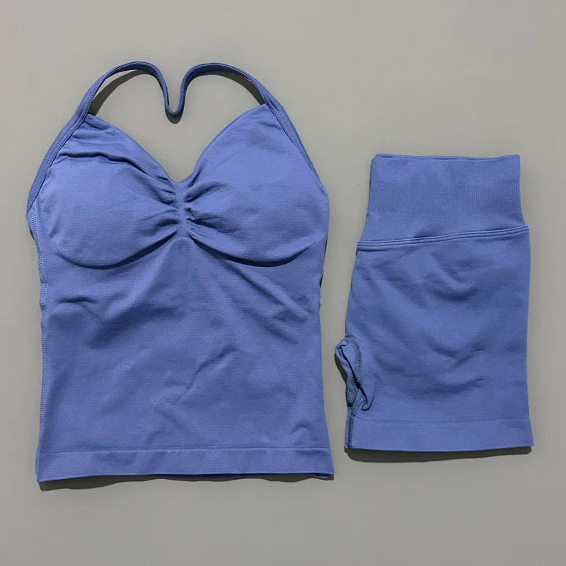 HISTELLO 2 Pieces Sports Set Women Yoga Longline Strap Top Scrunch Seamless Shorts Sport Gym Set Sportswear Workout Fitness Set Quick Pick Grocers