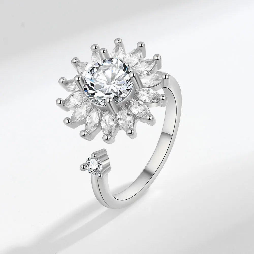VENTFILLE 925 Sterling Silver Sunflower Diamond Zircon Rotatable Ring For Women Gift Relieve Stress Ring Jewelry Wholesale Quick Pick Grocers