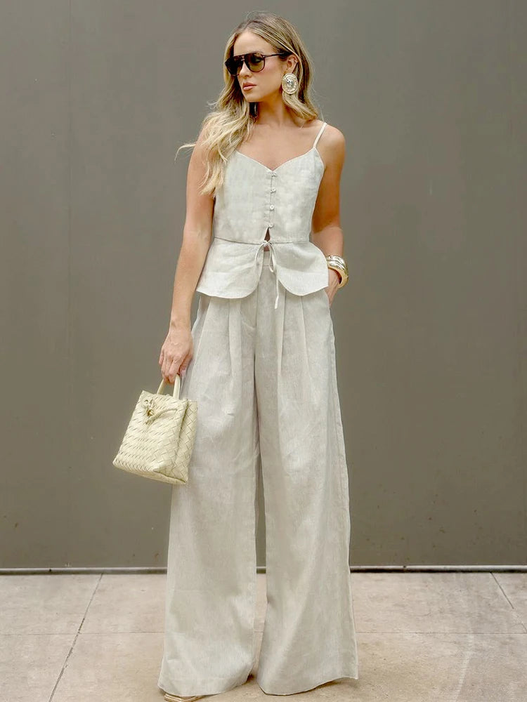 Mueyaruho Women 2026 Summer Office Pant Set Suits Solid Beige Outfits 2 Two Piece Wide Leg Matching Set For Women Quick Pick Grocers