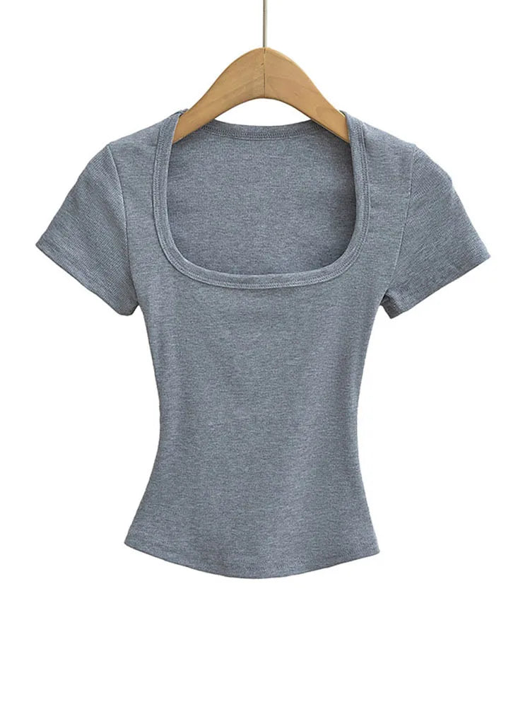 Women's Slim Fit Square Collar Crop Top High Stretch Short Sleeve Pullover Sexy Summer Blouse T-shirt for Bottoming Quick Pick Grocers