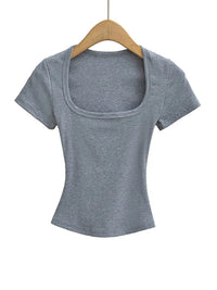Women's Slim Fit Square Collar Crop Top High Stretch Short Sleeve Pullover Sexy Summer Blouse T-shirt for Bottoming Quick Pick Grocers