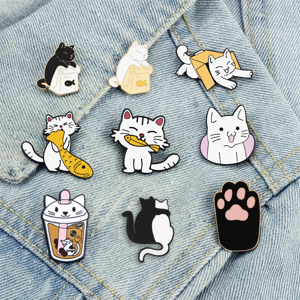 20 Styles Cute Cats collection Enamel Pins Dried Fish Bag Brooch Cartoon Animal Badges Denim Lapel Jewelry Gift for Kids Friends Quick Pick Grocers