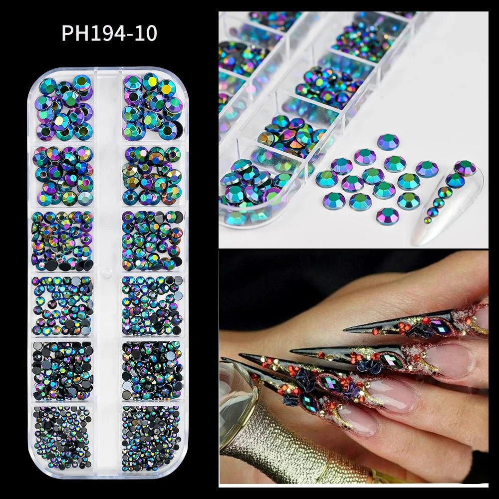 12Grids SS6-SS30 Mixed Nail Rhinestones Shiny Clear/Gold/Pink/Blue Diamond Flat-back Nail Gems Glass Stones Nails Decoration Econic Blanks