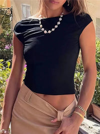 Women's O-neck Backless T-shirt Short Sleeve Solid Color Crop Top Summer Cute Baby Tee Y2K Clothes Bodycon Tunics Fashion Tank Quick Pick Grocers