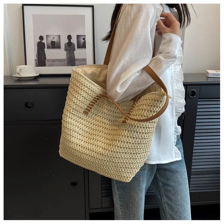 Hand-woven Women's Shoulder Handbag Bohemian 2025 Summer Fashion Straw Beach Tote Bag Travel Shopper Weaving Shopping Bags Quick Pick Grocers