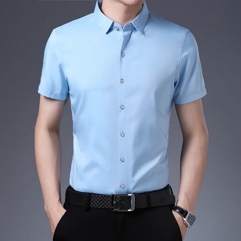 Men's Business Casual Solid Color Short Sleeved Shirt Non Ironing Comfortable Top Quick Pick Grocers