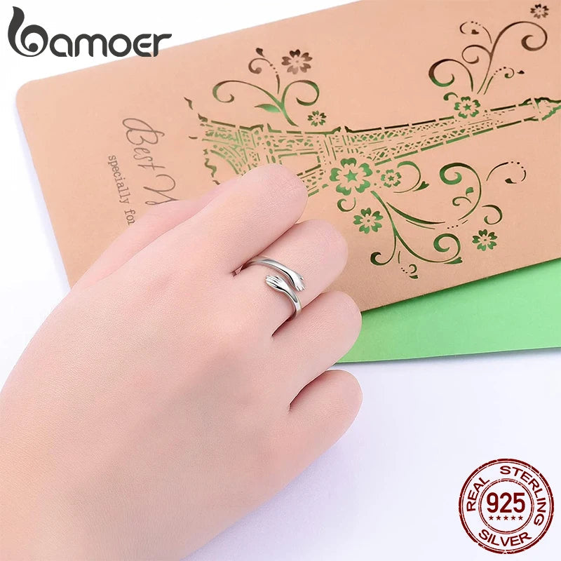 BAMOER 925 Sterling Silver Hug Open Ring Warm Love Hand Adjustable Glossy Ring for Women, His Big Loving Family Party Gift Quick Pick Grocers