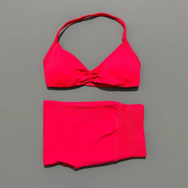 HISTELLO Gym Set 2 Piece Women Strappy Yoga Bra Top Workout Scrunch Shorts Sports Suit Fitness Clothes Seamless Yoga Set Quick Pick Grocers