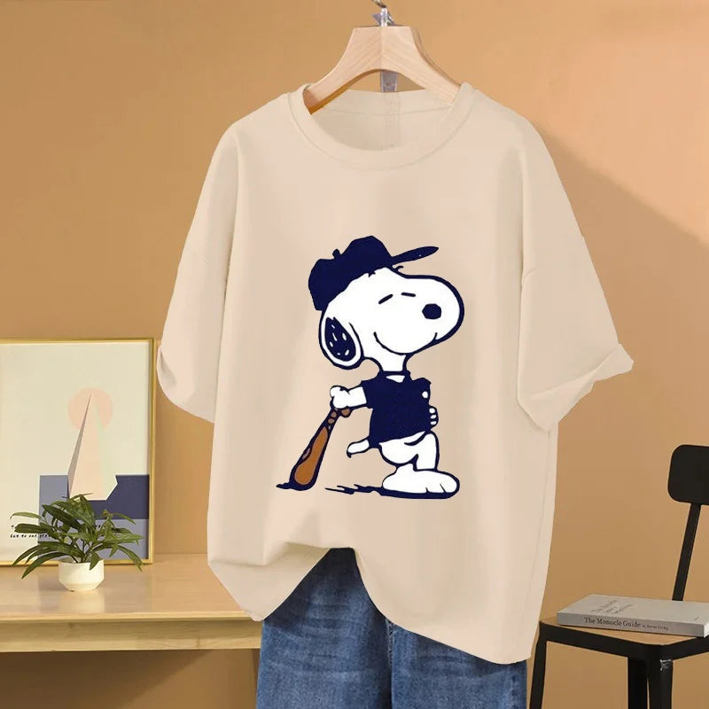Snoopy Baseball Cartoon Anime Women T-shirt Summer Short Sleeve 100% Cotton Men Tee Shirts Tops 2025 New Fashion Couple Clothes Quick Pick Grocers