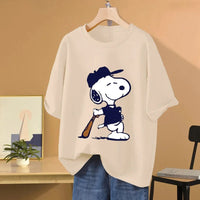 Snoopy Baseball Cartoon Anime Women T-shirt Summer Short Sleeve 100% Cotton Men Tee Shirts Tops 2025 New Fashion Couple Clothes Quick Pick Grocers