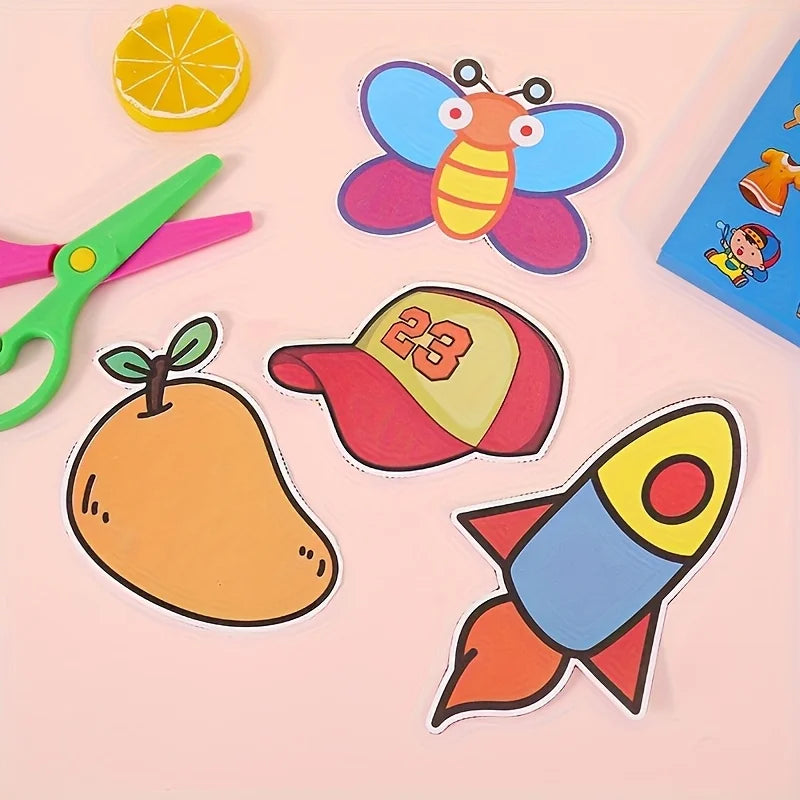 96Pcs Fun Paper Cutting Set, Paper Cutting, Paper Art, Scissors Skill Activity Paper Cutting Book, Children's Scissors Craft Kit, with a Pair of Child-Safe Scissors, Creative Games, Safe Scissors, Paper Art, Creative Playtime Quick Pick Grocers