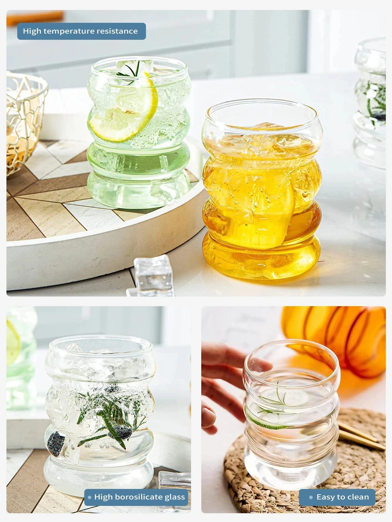 Leeseph 4Pcs Creative Glass Cups Coffee Mug Vintage Drinking Glasses Ribbed Glassware Aesthetic Cups with Straws Set Quick Pick Grocers