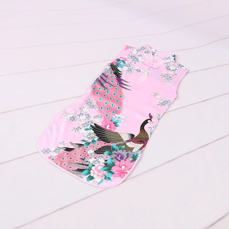 Cheongsam Dress Baby Girl Qipao Summer Clothes Peacock Sleeveless Slim Traditional Dress Child Girls Clothes Chinese Style Quick Pick Grocers