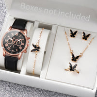 5/6PCS Fashion Women's Quartz Watch Leather Band Analog Wrist Watches Heart Rhinestone Jewelry Set(Without Box) Quick Pick Grocers