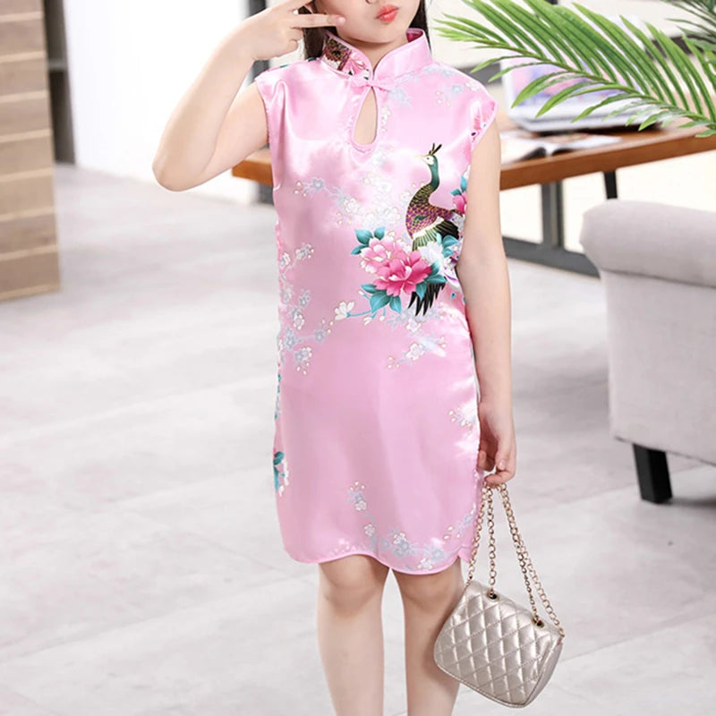 Cheongsam Dress Baby Girl Qipao Summer Clothes Peacock Sleeveless Slim Traditional Dress Child Girls Clothes Chinese Style Quick Pick Grocers