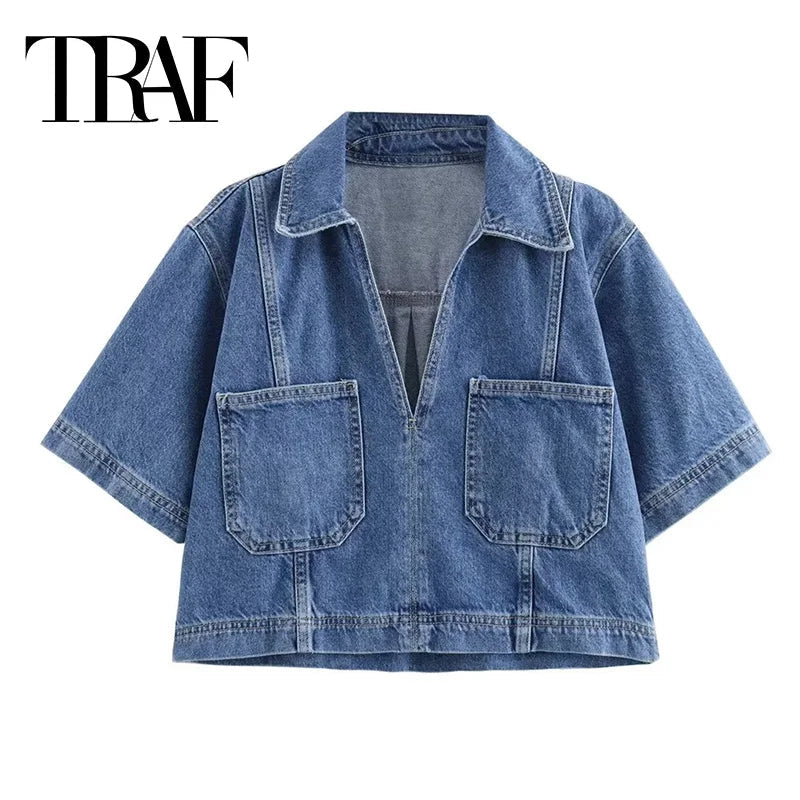 MUJER Blue Denim Shirt Woman Short Sleeve Cropped Shirt Women Summer Short Tops Woman Streetwear Y2k Stylish Women's Blouses Quick Pick Grocers