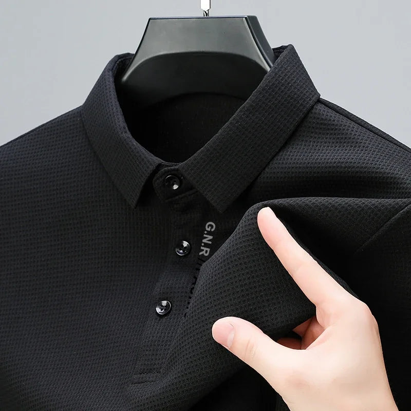 Men's Waffle Long Sleeved POLO Shirt with Letter Printed Lapel Casual Top Quick Pick Grocers