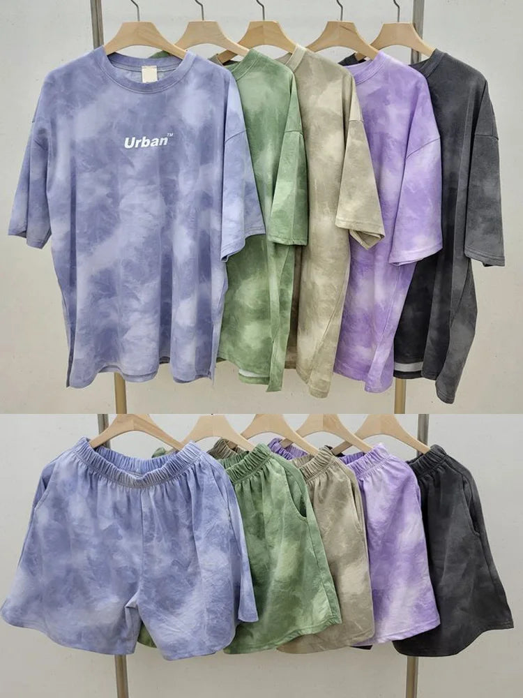 Women T-Shirt Shorts Suit Set Casual Tie Dye Loose tshirt and wide leg middle shorts with pockets female Soft Summer Shorts Sets Quick Pick Grocers