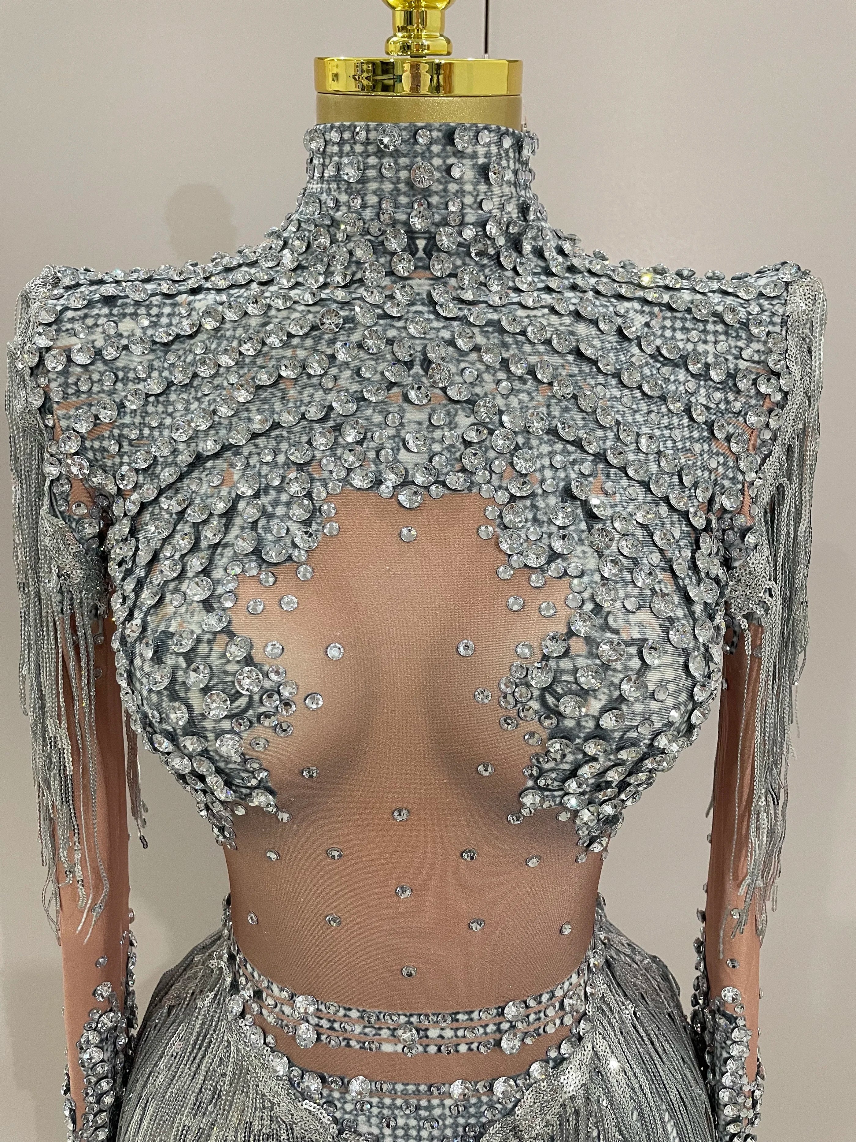 Women Sparkly Rhinestone Sequin Tassel Stretch Bodysuits 2025 New Arrival Birthday Party Nightclub Dj Stage Performance Costume Quick Pick Grocers