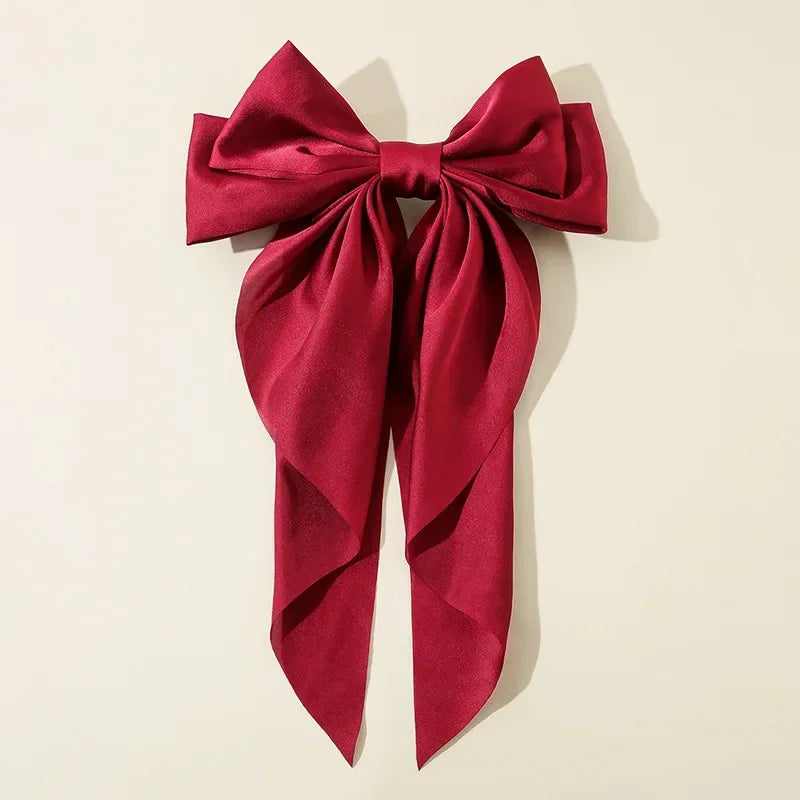 Korean Accessories Hair Clips for Women Girls Big Bowknot Solid Satin Long Ribbon Bows Spring Clamp Barette Cheveux Femme 2023 Quick Pick Grocers