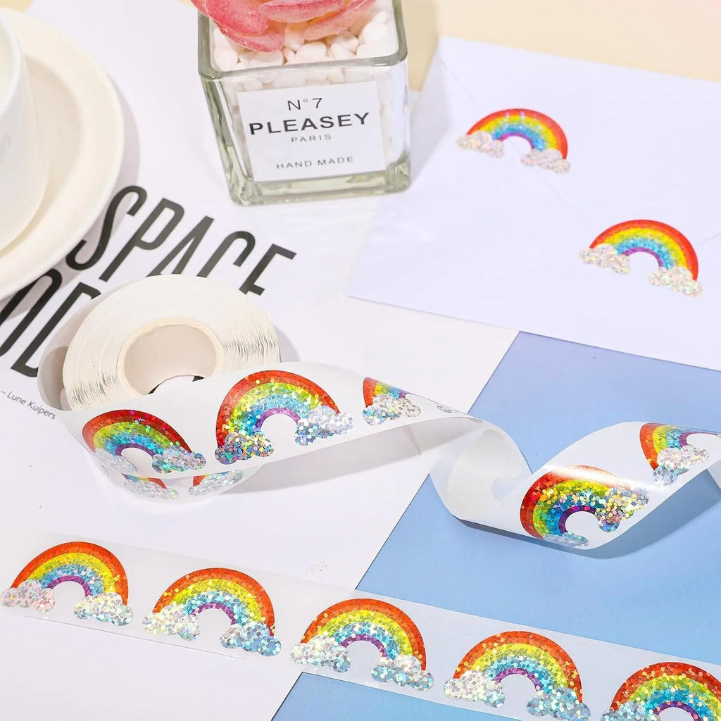 500 Pcs Rainbow Stickers Roll Laser Colored Rainbow Shape Seal Stickers Waterproof Self-Adhesive Decals for Envelope Quick Pick Grocers