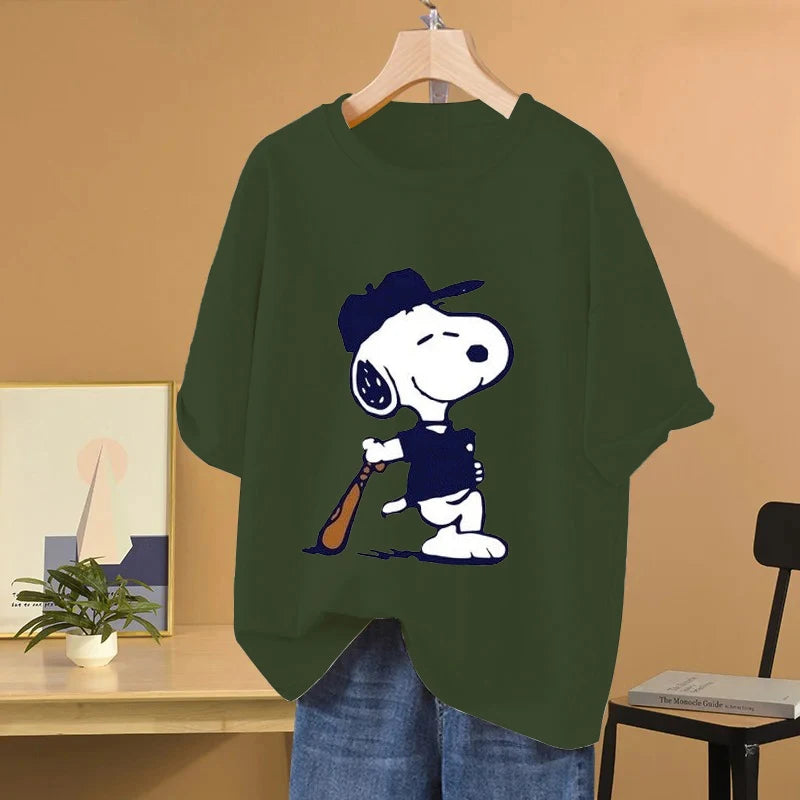 Snoopy Baseball Cartoon Anime Women T-shirt Summer Short Sleeve 100% Cotton Men Tee Shirts Tops 2025 New Fashion Couple Clothes Quick Pick Grocers