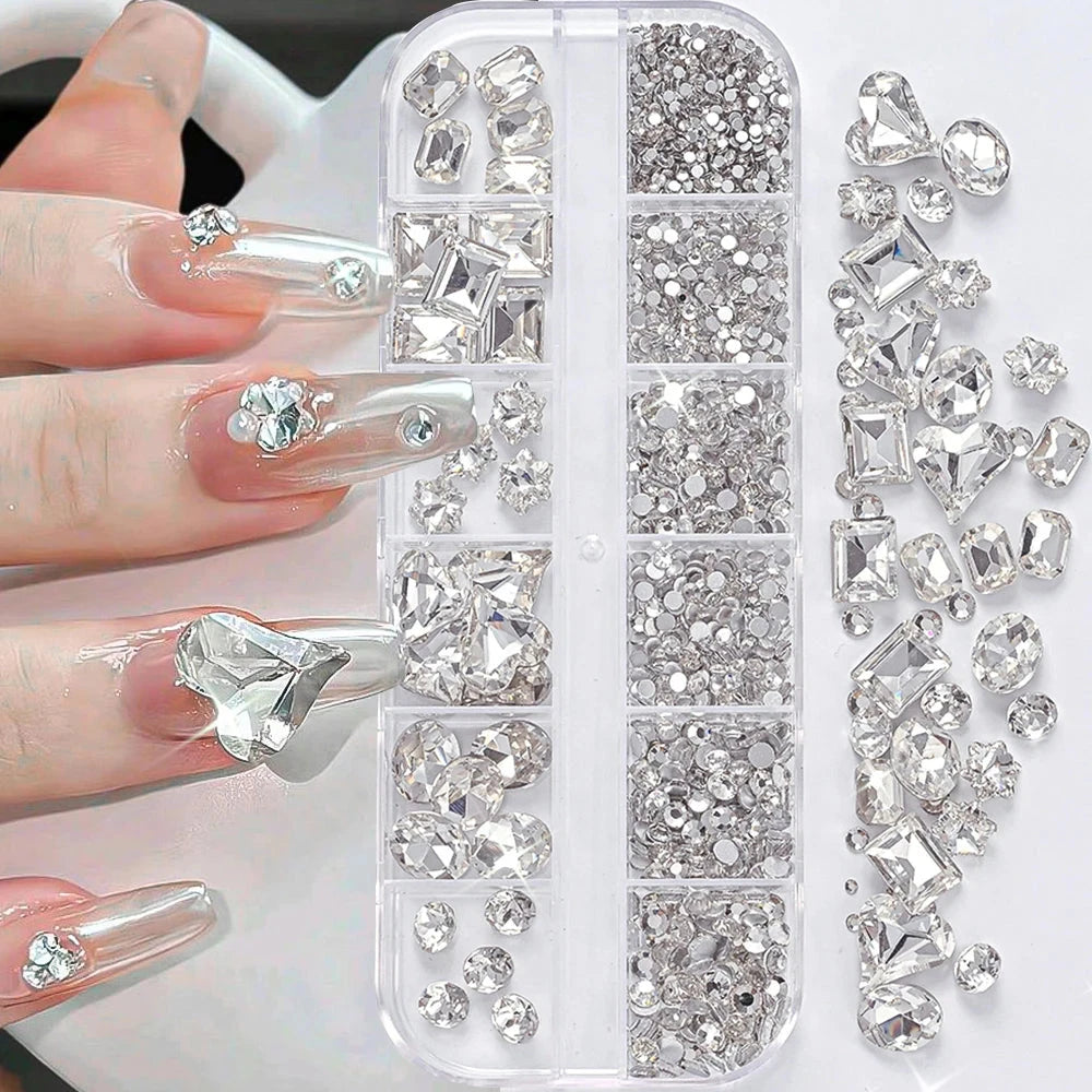 180pcs AB Flatback Glass Nail Art Rhinestones Multi-shape Mixed Diamond Gems Blue Purple Crystal Stones For DIY Nail Decoration Econic Blanks