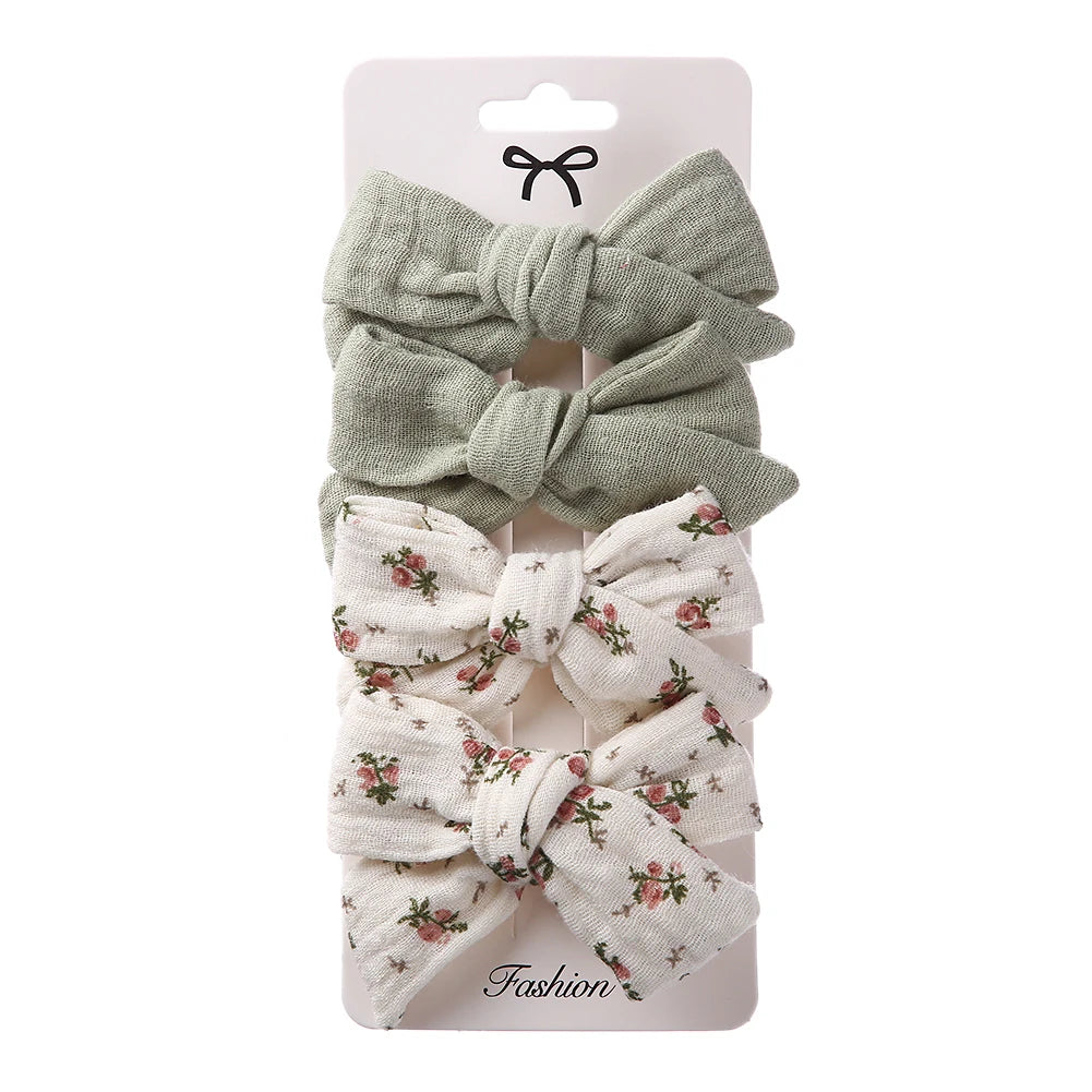 4Pcs/Set Baby Bows Hair Clips Muslin Girls Hairpins Hairclip For Kids Cotton Linen Barrette Flower Print Side Pin  Accessories Purest Peak