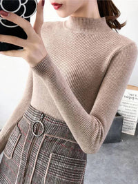 Autumn Winter Mock Neck Women Sweater Vintage Basic Solid Knitted Tops Casual Slim Pullover Korean Sweaters Simple Chic Jumpers Quick Pick Grocers