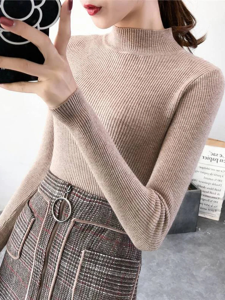 Autumn Winter Mock Neck Women Sweater Vintage Basic Solid Knitted Tops Casual Slim Pullover Korean Sweaters Simple Chic Jumpers Quick Pick Grocers