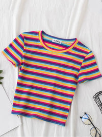 New T Shirt Women Rainbow Striped Tops Slim Fit t shirt Harajuku Tshirt Summer Short Sleeve Korean T-shirt feminina Clothes Tops Quick Pick Grocers