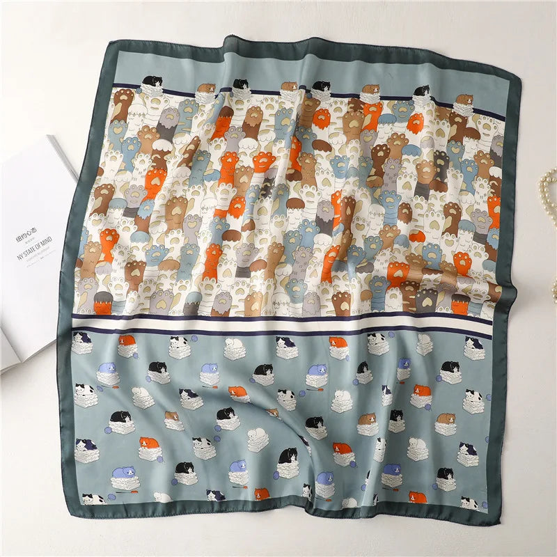 2025 Silk Shawl Print Headscarf Cat Hair Wrap Neckerchief Female Satin Square Scarf For Women Headband Foulard Hijab Bandana Quick Pick Grocers