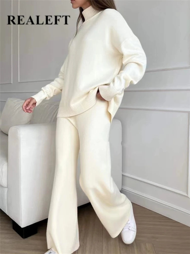 Autumn Winter 2 Pieces Women Sets Knitted Tracksuit Turtleneck Sweater and Straight Jogging Pants Suits Quick Pick Grocers