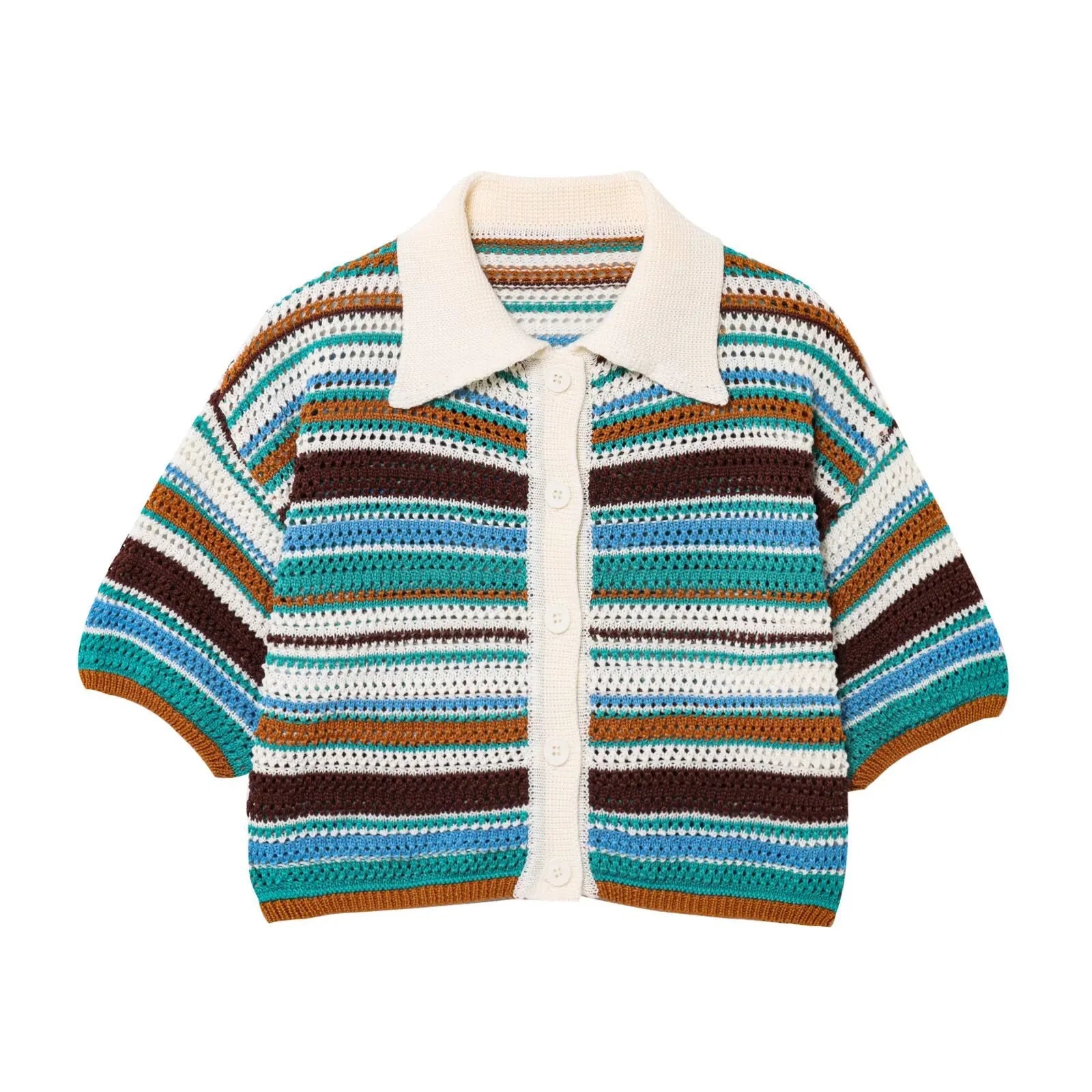 Women Patchwork Striped Hollow Out Crochet Knitted Crop Sweater Shorts Set Short Sleeve Polo Collar Sweater Knit Shorts Suit Y2K Quick Pick Grocers