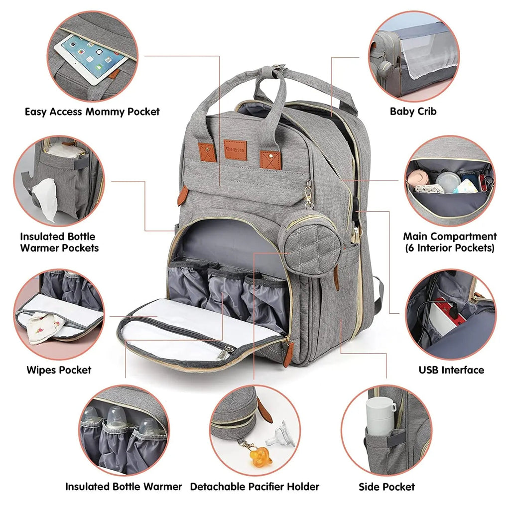 3 In 1 Diaper Bag Backpack Foldable Baby Bed Waterproof Travel Bag with USB Charge Diaper Bag Backpack with Changing Bed 3 types Purest Peak