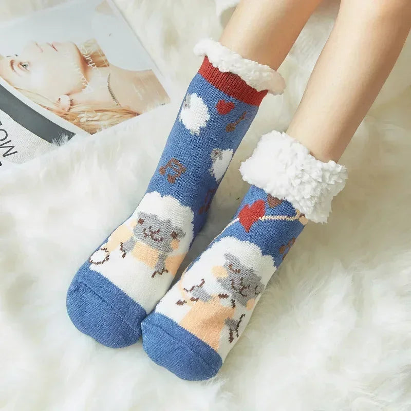 Christmas Gift Slipper Socks Women Thermal Winter Warm Plush Non slip Grip Sleeping Floor Short Sock Fuzzy Fluffy Female Cartoon Quick Pick Grocers