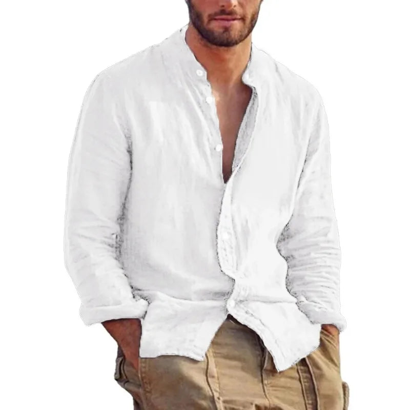 Sweatwear Men's Long Sleeve Shirt Linen Solid Color Shirts Trend Stand Collar Casual Lightweight Breathable Tops Hawaiian Shirt Quick Pick Grocers